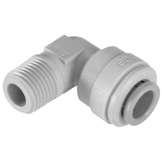 PP480821W John Guest 1/4\" OD x 1/8\" NPTF Fixed Elbow (White Polypropylene)